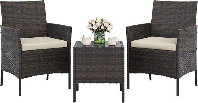 3-Piece Outdoor Patio Conversation Set – PE Rattan Wicker, Water-Resistant Cushions, Tempered Glass Table – All-Weather Garden Furniture – Brown Four-Strand Vine/Creamy-White Cushion
