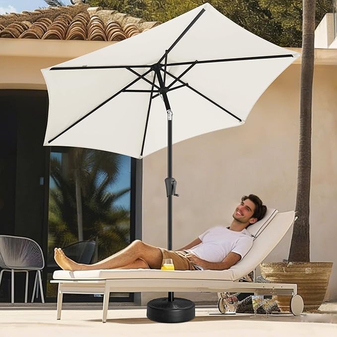 FLAME&SHADE 9ft Patio Umbrella Outdoor - Table Umbrella with Push Button Tilt and Crank, UV Protection, 6 Sturdy Ribs, Market Umbrella for Garden, Deck, Backyard, Lawn, Pool and Beach(Ivory)