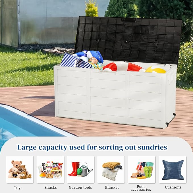 75 Gallon Large Outdoor Storage Box, Indoor and Outside Deck Box with Lockable Design Lids, Waterproof Resin Storage Containers Bin for Garden Garage Patio Poolside Toy Storage Black & White