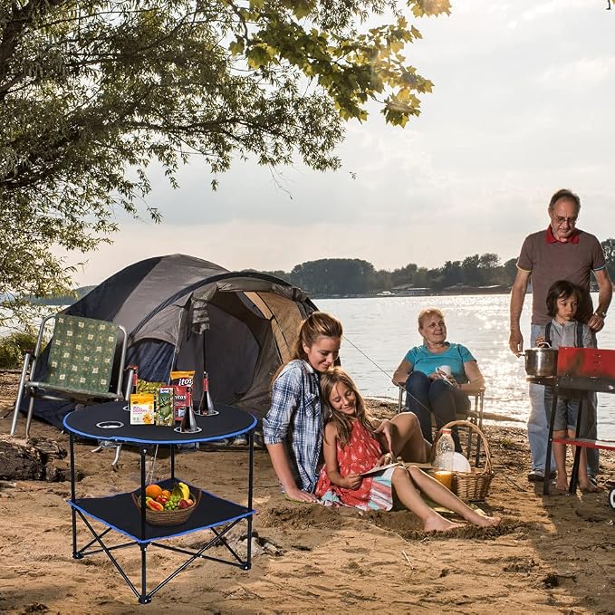 LEADALLWAY Folding Picnic Table Outdoor Camping Table Canvas Travel Table | Portable, Collapsible 4 Cup Holders and Carrying Bags, for Outdoor Picnic,Barbecue,Travel,Fishing (Black+Blue)