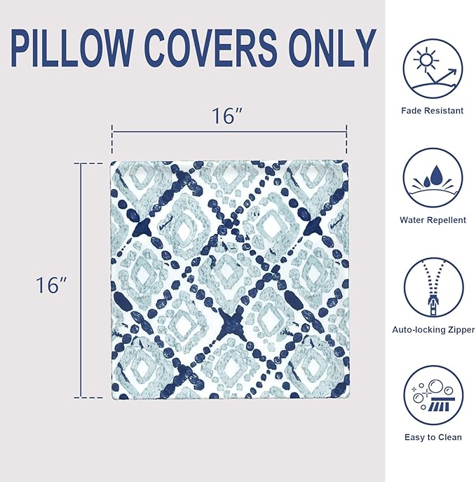 Outdoor/Indoor Throw Pillow Covers Set of 2, All Weather Square Pillow Cases 16x16 Inch, Patio Cushion Pillow of Home Furniture Use, Boho Geometry Blue