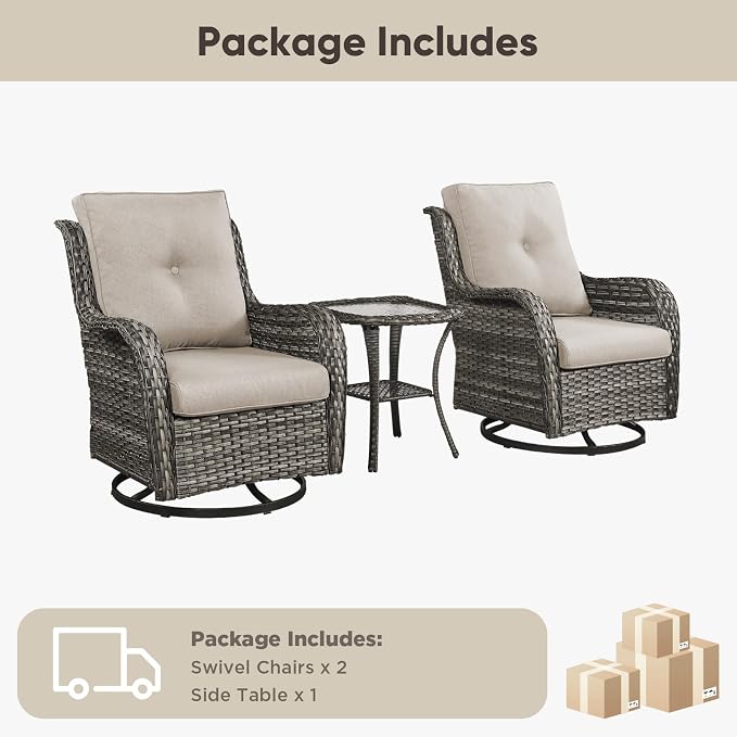 Belord 3 PCS Patio Furniture Set - Mixed Grey Wicker Swivel Rocking Chairs with Side Table, Furniture Set for Outdoor
