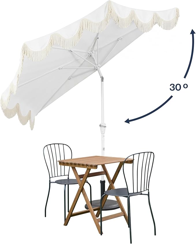 JONATHAN Y Beverly 9 ft. Coastal Cream and White Striped Half Patio Umbrella with Scalloped Fringe, Crank Lift, and Manual Tilt for Balcony, White Pole UMB1201K