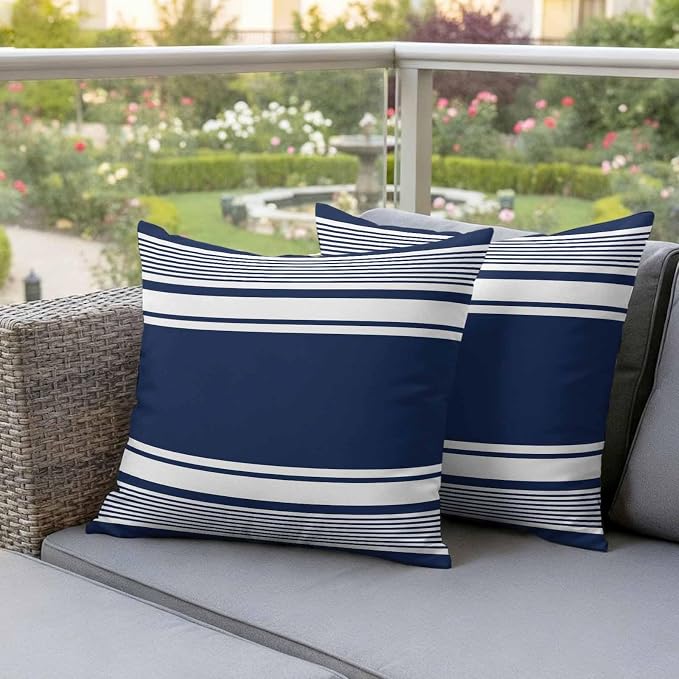 Outdoor Waterproof Throw Pillow Covers, Navy Blue Striped Decorative Pillow Cases, Modern Color Block Farmhouse Stripes Couch Pillow Protector Patio Sofa Cushion Covers Replacement 18"x18" 2 Pack