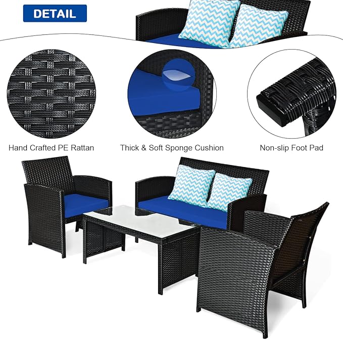 COSTWAY 4 Pieces Patio Rattan Furniture Set, Outdoor Wicker Conversation Set with Soft Cushions & Tempered Glass Coffee Table, Cushioned Chair Sofa for Backyard, Porch, Poolside, Lawn, Garden, Navy