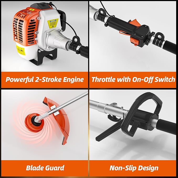 Weed Eater Gas Powered 36cc 3 in 1 Gas Weed Wacker Gas Brush Cutter, 2-Cycle Gas String Trimmers for Weeds and Grass, Orange