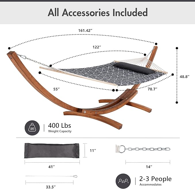 ANOW Heavy Duty Curved Wood Arc Stand with 2 Person Hammock, 13.5FT Larch Wood Stand with 2 Chains, 4 Balance Ropes and 4 Carabiners, Includes Gray Cube Hammock with Spreader Bars