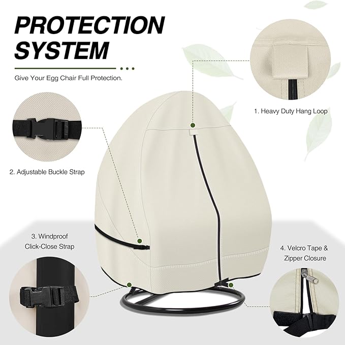 Porch Shield Patio Hanging Egg Chair Cover - 600D Waterproof Outdoor Double Seat Wicker Swing Egg Chair with Stand Protector, Beige