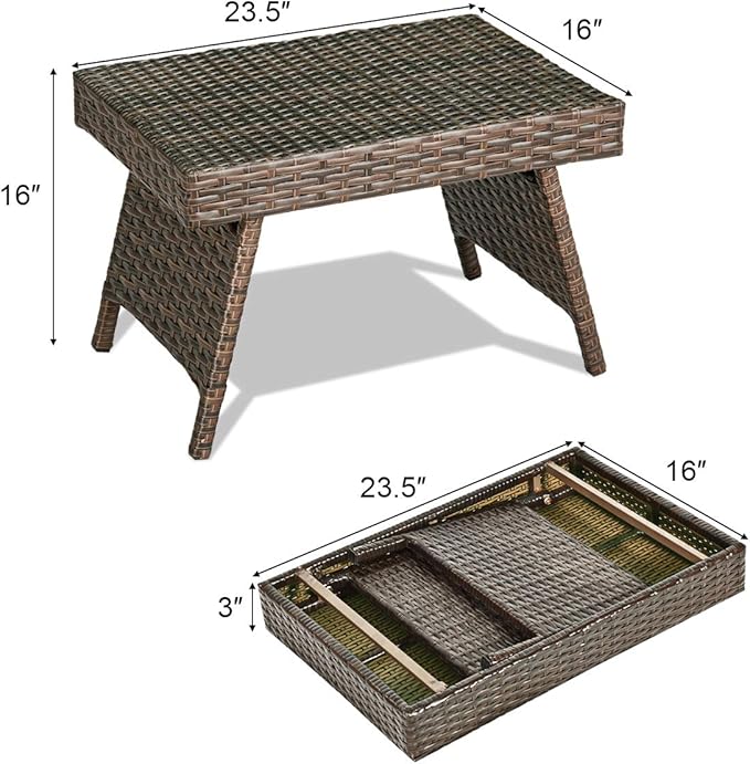RELAX4LIFE Patio Rattan Side Table - Folding Coffee Table with Premium Brown PE Wicker & High-Duty Steel Frame, Outdoor Beside Table for Garden, Courtyard, Poolside (Brown)