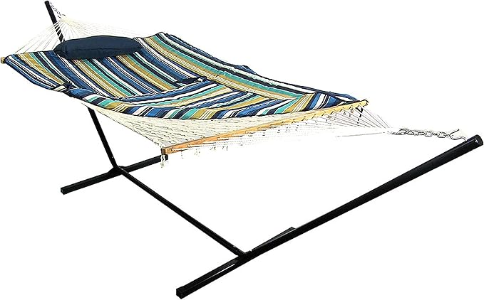 Sunnydaze Rope Hammock with Stand for Outside- 275-Pound Capacity - Includes 12-Foot Hammock Stand, Spreader Bar, Pad, and Pillow - Lakeview
