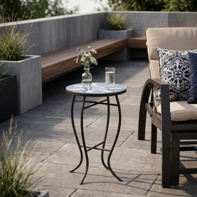 Mosaic Side Table and Plant Stand, 21" Round End Table with 14" Ceramic Tile Top, Indoor & Outdoor Accent Table, Porch Patio Furniture, Entryway & Coffee Table for Home & Garden, (Grey-2)