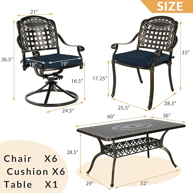 7-Piece Outdoor Patio Dining Set, 60” Rectangular Cast Aluminum Dining Table with Umbrella Hole and 4 Stationary, 2 Swivel Rocker Chairs, 6 Cushioned, Backyard, Patio, Garden, Navy