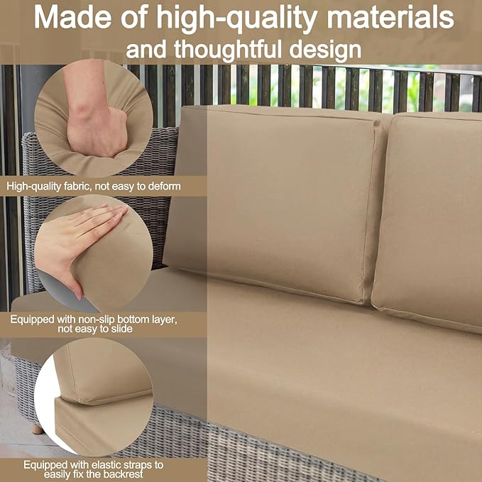 Wenqik 3 Pcs Waterproof Cushion Covers(Not Includes Cushion) 48'' x 24'' Outdoor Patio Furniture Seat Covers Fade Resistant Replacement Slipcover with Zipper for Outside Couch Swing Sofa(Beige)