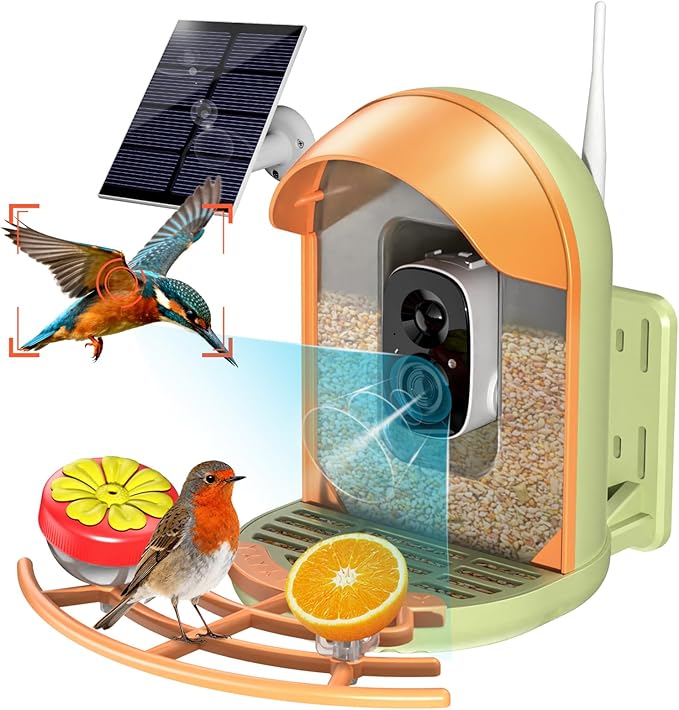 Bird Feeder with Camera, 2K HD Camera Birds Feeder with AI Recognition, Solar Powered Birdfeeder Cam with Night Vision, IP65 Outdoor Backyard Birds Watching, Gift for Bird Lovers – Light Green