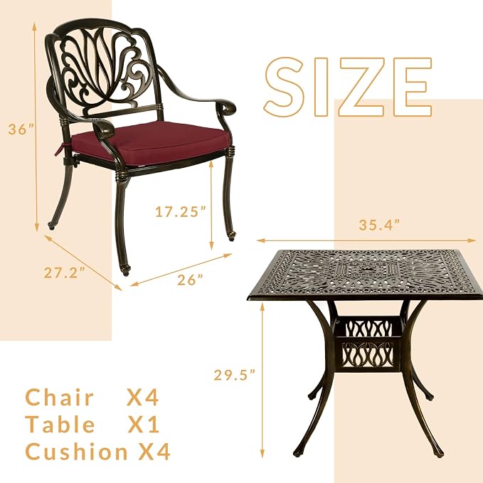 5-Piece Outdoor Patio Dining Set, All-Weather Cast Aluminum Patio Furniture Set for Backyard Garden Deck with 4 Chairs, 4 Cushions and 35.4” Square Table, 2.2" Umbrella Hole, Red