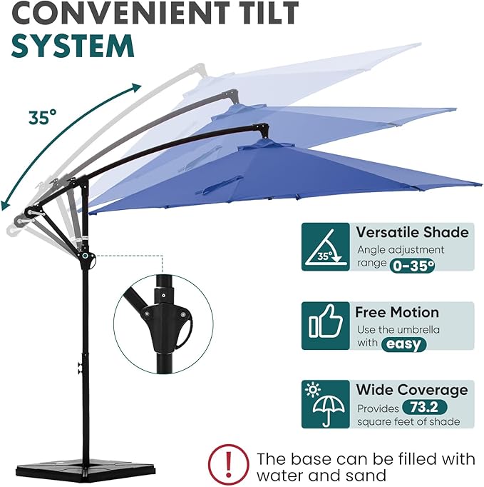 OLIXIS 9.8FT Offset Patio Umbrella with Base, Cantilever Table Umbrellas for Outdoor Sun Shade UV Protection with Easy Tilt Adjustment, 8 Ribs for Backyard, Lawn, Garden, Pool