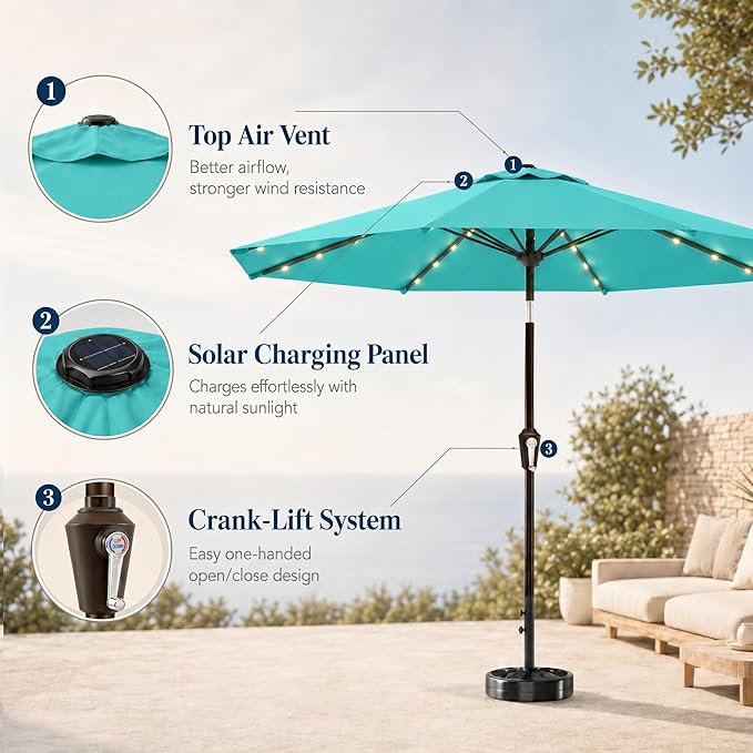 10FT Solar Patio Umbrella with Lights, Outdoor Table Market Umbrella with 32 LED Lights, 8 Sturdy Ribs, Push Button Tilt and Crank for Pool, Deck and Garden, UV-Resistant