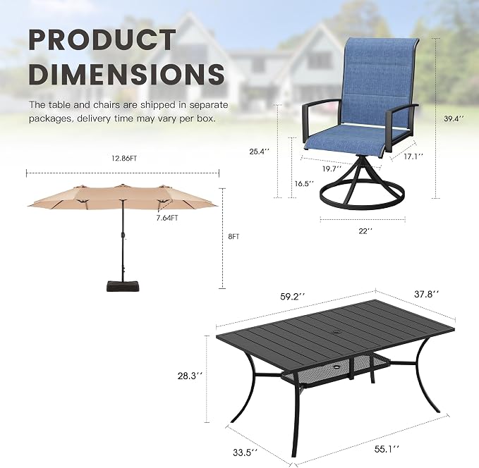 Outdoor Dining Set for 6, 8 Pieces Patio Table and Chairs Set with Umbrella, 59.2" Outdoor Dining Table and Padded Textilene Patio Swivel Chairs for Garden Backyard, Dark Blue and Black