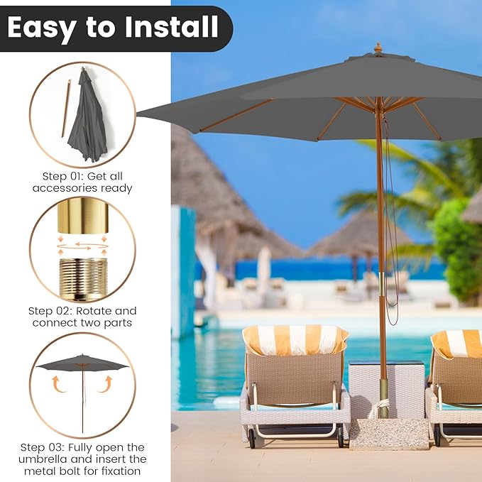 Tangkula 10FT Patio Umbrella, Outdoor Table Market Umbrella w/8 Wooden Ribs, 3 Adjustable Heights, Rope Pulley System, Detachable Pole, Wooden Patio Umbrella for Garden, Poolside, Backyard (Grey)