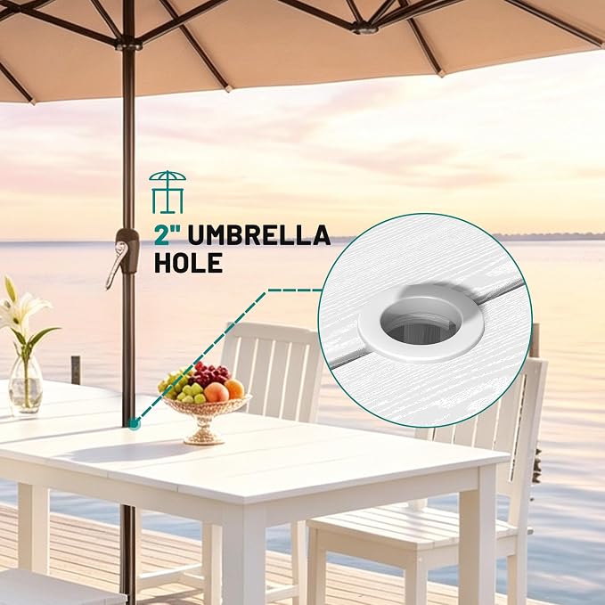 PLUUV 5-Piece Outdoor Dining Set – HDPE Patio Furniture with Aluminum Table, Umbrella Hole, and 4 Armless Chairs, All-Weather Resistant for Garden & Backyard, White