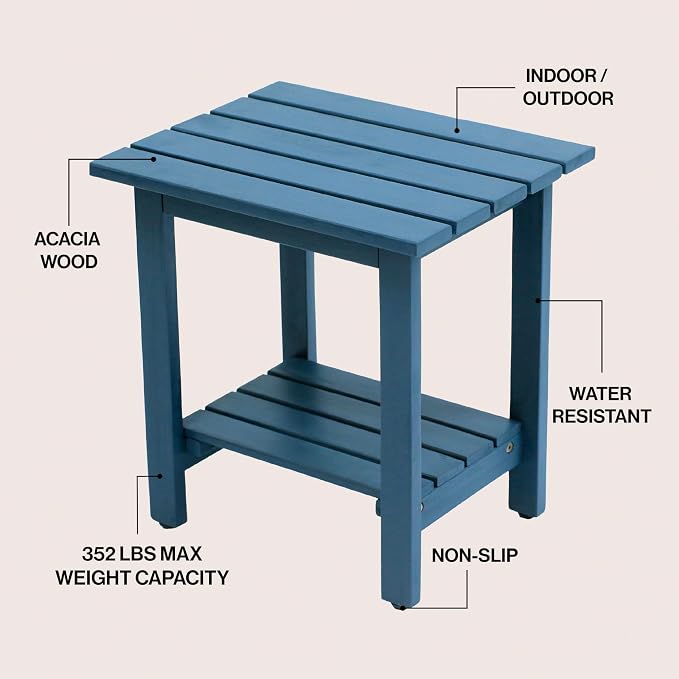 JONATHAN Y Kellie 16" Modern Nautical Blue Acacia Wood Outdoor Side Table with 2-Tier Storage, Weather-Resistant Rectangular Slatted End Table for Patio, Garden, Deck, and Porch END6001N