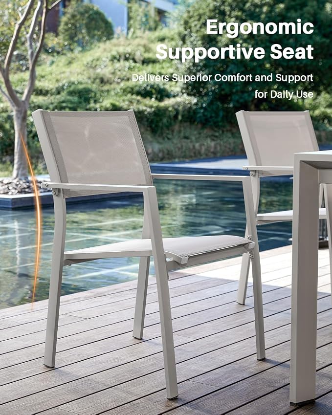 9 Pieces Extendable Patio Dining Set, 6-10 Person Expandable Outdoor Dining Table with Wood Grain Top and 8 Stackable Textilene Dining Chairs, Aluminum Patio Table and Chairs Set for Backyard