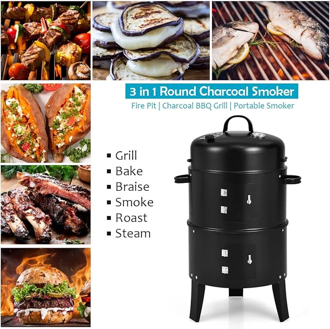 Giantex 3-in-1 Charcoal BBQ Smoker, Outdoor Grill Cooker with Built-in Thermometer and 6 Hooks for Outdoor Backyard Cooking Grilling Camping