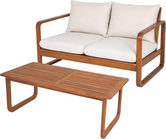 Christopher Knight Home Myra Acacia Wood Outdoor Loveseat and Coffee Table Set, 2 Piece Patio Furniture Set with Cushions, Patio Conversation Set with Slatted Design for Backyard, Teak + Beige