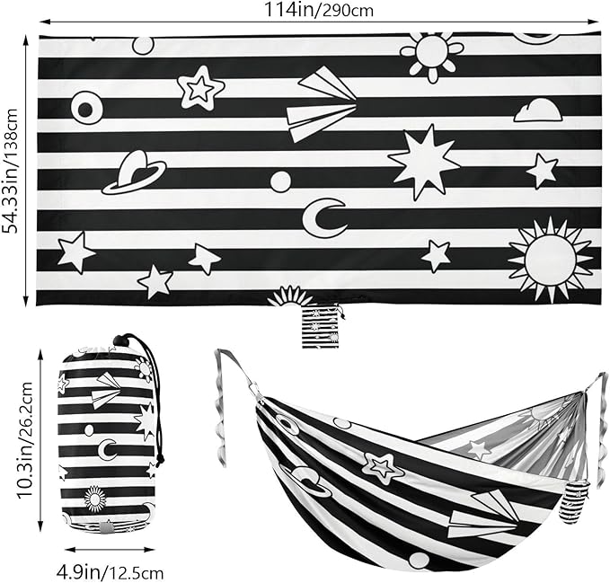 Black White Stripes Sun Moon Star 330lb Capacity Hammocks with Tree Straps Tree Hammock for Outside Patio Garden Base para hamaca