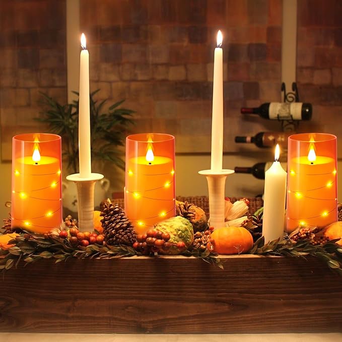 NURADA 3"x6"Flickering Flameless Candles: Built-in Star String Lights 3D Wick Battery Operated LED Pillar Candles with Remote and Timer for Halloween Thanksgiving Dinner Tables Home Fall Decor Orange