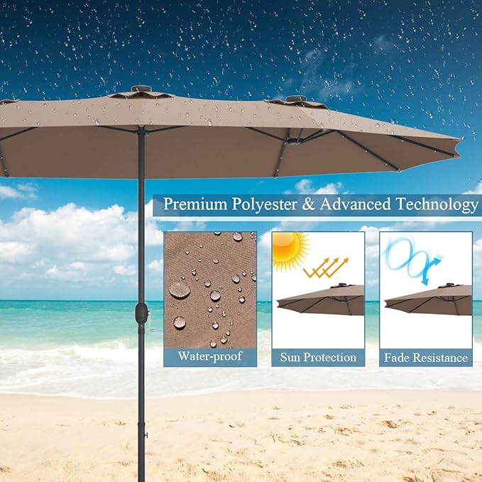 Tangkula 15 Ft Double Sided Patio Umbrella with Solar Lights, Extra Large Rectangle Outdoor Umbrella with 36 LED Lights & Crank Handle for Deck, Poolside, Garden, Backyard (Tan)