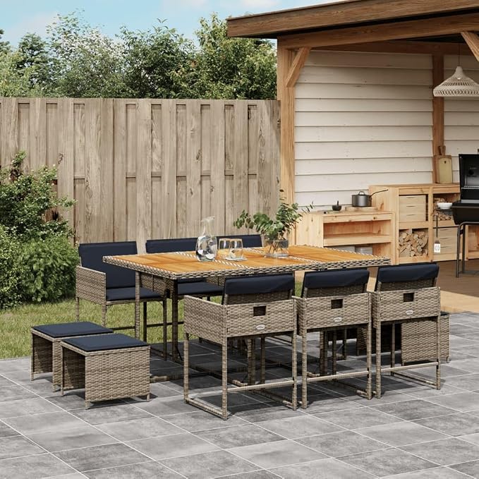11 Piece Patio Dining Set, Grey PE Rattan Garden Table and Chairs Set with 6 Chairs, 4 Stools, Solid Acacia Wood Top Table and Navy Blue Cushions for Backyard Outdoor