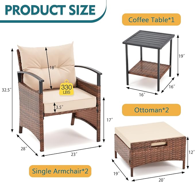 AVAWING 5 Pieces Patio Furniture Set, Outdoor Rattan Chairs with Metal Coffee Table, Ottomans & Soft Cushions, Wicker Conversation Bistro Set for Garden, Deck, Balcony, Poolside(Beige)