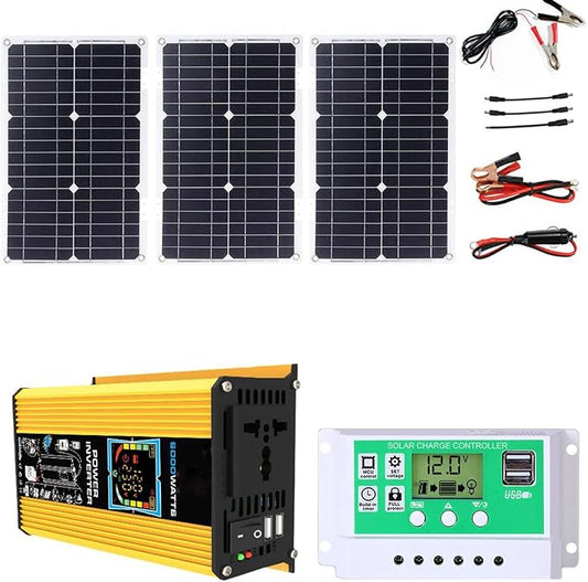 6000W Solar Generator Kit - 12V to 110V/220V Inverter, 75W Foldable Solar Panel with 4 USB Ports, 50A Controller, Portable Off-Grid Power System for Home & Outdoor Use (Yellow)