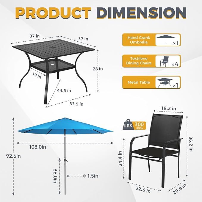 Incbruce 6 Pieces Patio Dining Set with Sky Blue Umbrella, Outdoor Dining Set of 4 Textilene Chairs and Square Table with Umbrella Hole for Backyard, Garden, and Poolside (Black)