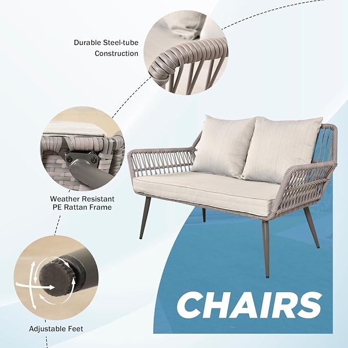 4-Piece Wicker Patio Furniture Set – Outdoor Conversation Set with 2 Armchairs, Loveseat & Tempered Glass Coffee Table, All-Weather Rattan Couch for Backyard, Deck, Balcony, Gray