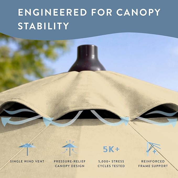 California Umbrella 12-Year Protection 7.5-Ft Outdoor Patio Umbrella, Sunbrella Fade-Resistant Fabric, Auto-Tilt, Heavy Duty Aluminum Frame, 8 Reinforced Ribs for Pool or Deck, Bronze Pole, Beige