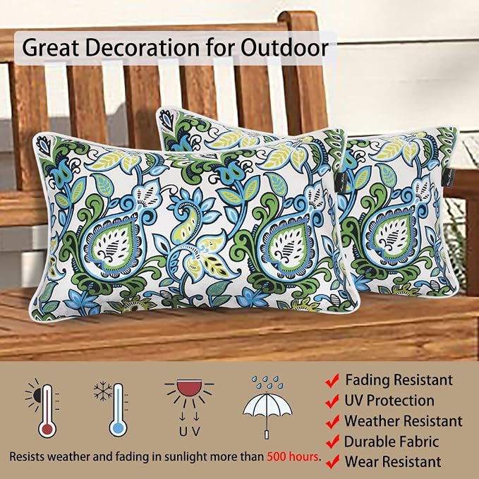 Pack of 2 Outdoor Waterproof Lumbar Rectangular Throw Pillow with Insert, Home Decorative Toss Pillows All Weather Cushion for Patio Garden Car Office (12x20 Inch, Botanical Blue Green)