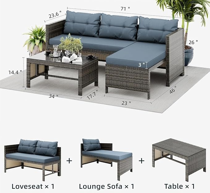 Outdoor PE Rattan Sofa 3 Piece Patio Corner Sofa Wicker Patio Conversation Furniture Set with White Couch and Coffee Table