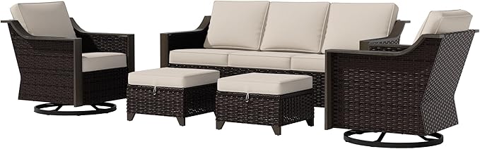5 Piece Wicker Patio Conversation Set, All-Weather Use Outdoor 2 PE Rattan Swivel Chair, 2 Ottoman, 1 Patio Sofa, Removable Water-Resistant Cushion, Ideal for Porch, Backyard, Balcony, Poolside, Beige