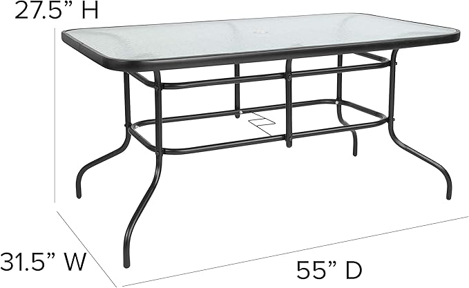 Flash Furniture Lila 5 Piece Patio Dining Set - 55" Tempered Glass Patio Table with Umbrella Hole - 4 Black Metal Aluminum Slat Stack Chairs