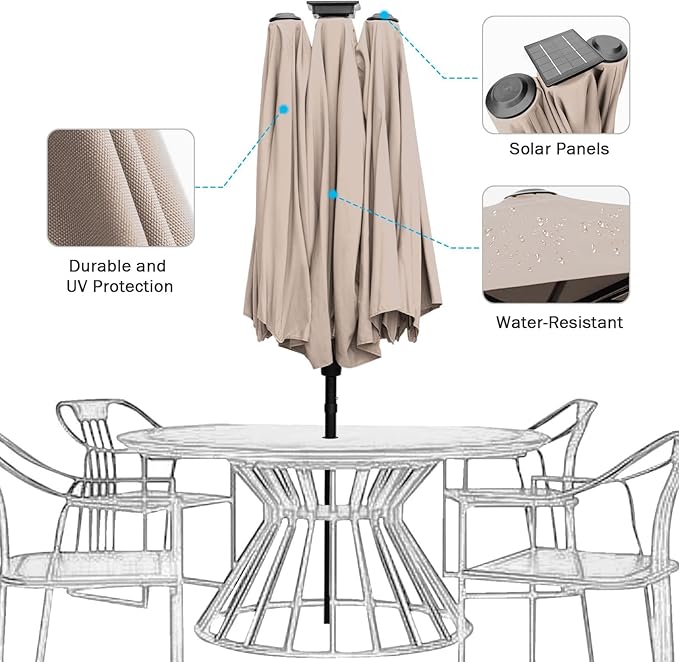 FREE SOLDIER 13ft Patio Umbrella with 36 LED Solar Lights Double Sided Outdoor Umbrella for Patio Table Umbrella with Solar lights for Garden Yard Pool (Beige)