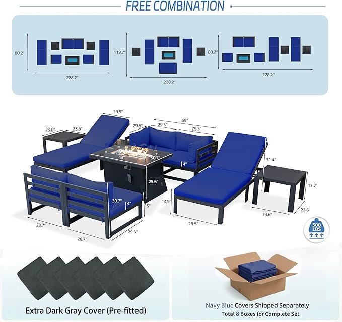 NICESOUL 9 Piece Large Modern Aluminum Patio Furniture Set, UV Resistant Modular Outdoor Conversation Set with Lounge Chair & Fire Pit Table, 500 lbs Durable Modular Sectional Sofa for Deck, Navy Blue
