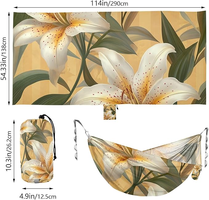 White Lily Flower Light Yellow Stripes 330lb Capacity Outdoor Hammock with Hanging Rope Hanging Hammock for Outside Beach Patio Garden para ir de Camping