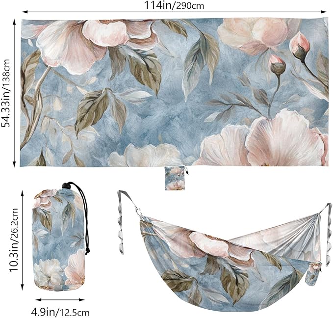 Blue and Pink Retro Romantic Flowers 330lb Capacity Outdoor Hammock with Portabl Carry Bag Cloth Hammock for Outside Patio Garden hamaca para adultos