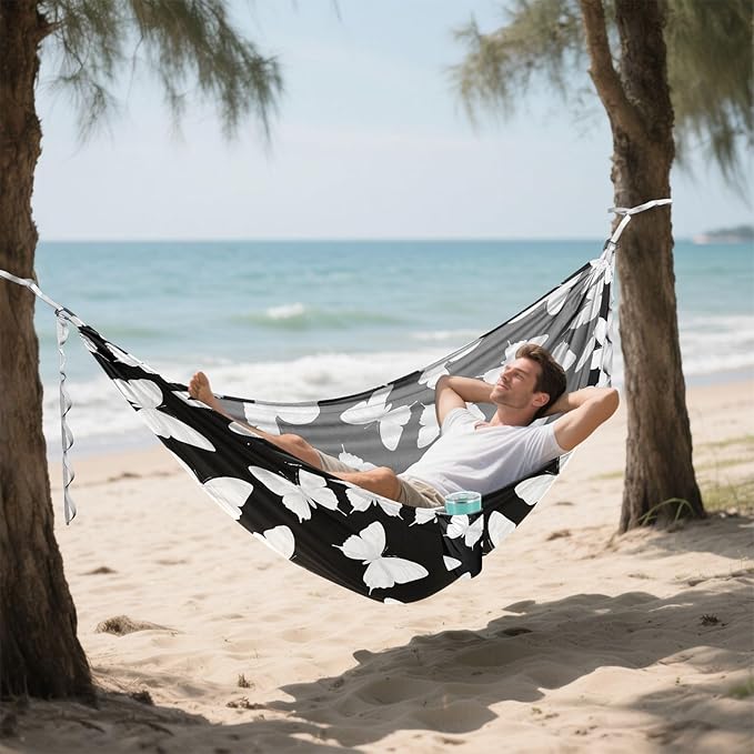 Camping Hammock Outdoor Hammocks for Outside White Butterfly Black Beach Trees Portable Lightweight with Pockets Tree Straps Indoor Small