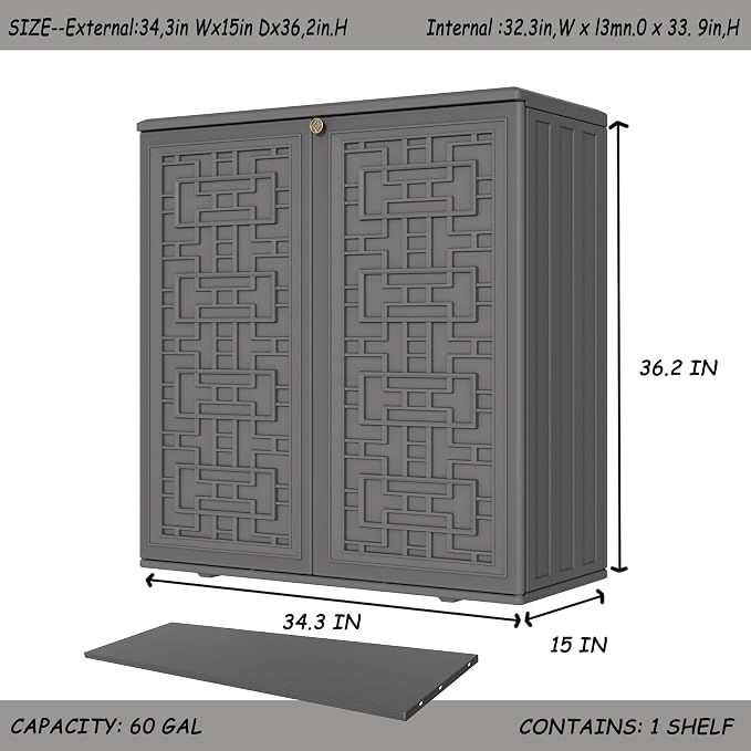 Mrosaa Storage Box Outdoor Caninet,Resin Indoor Storage Box Waterproof Outdoor Storage Cabinets for Patio/Garden/Backyard, Size 34.3''L*15''W*36.2''H(Grey)