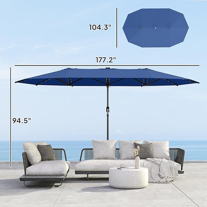 Outsunny 14.8ft Double Umbrella, Large Outdoor Patio Sun Shade with LED Solar Light for Garden