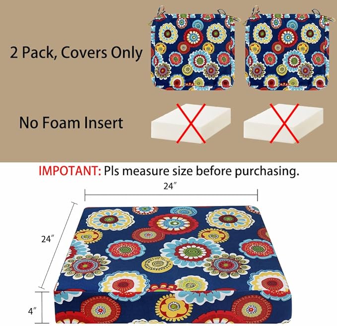 Magpie Fabrics Indoor Outdoor Patio Replacement Cushion Cover with Ties 2 Pack, Loveseat Chair Couch Slipcover Water Repellent UV Resistant Decor for Home Garden(Heronsbill Navy, 24x24x4 Inch)
