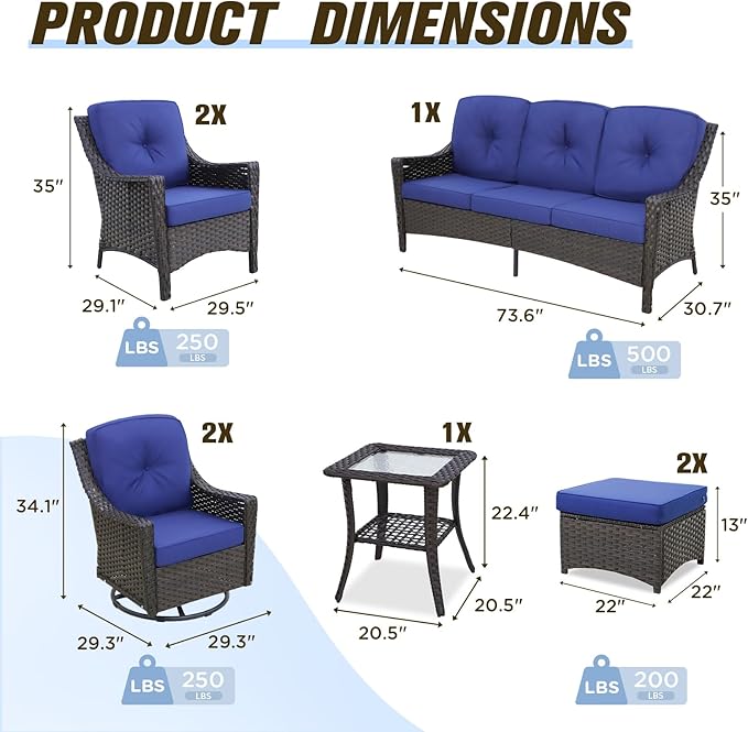 Stone Creek Outdoor Furniture Set with Swivel Rocking Chairs, Patio Chairs, 3 Seater Couch, Side Table & Ottomans, Wicker Patio Conversation Set, Balcony Furniture, 8 Piece, Brown/Blue